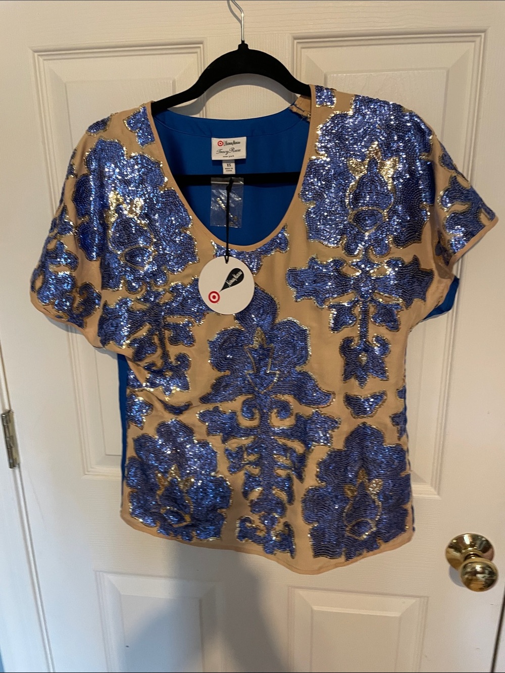Tracy Reese Blue Sequin Floral Short Sleeve Tee on Tan Base